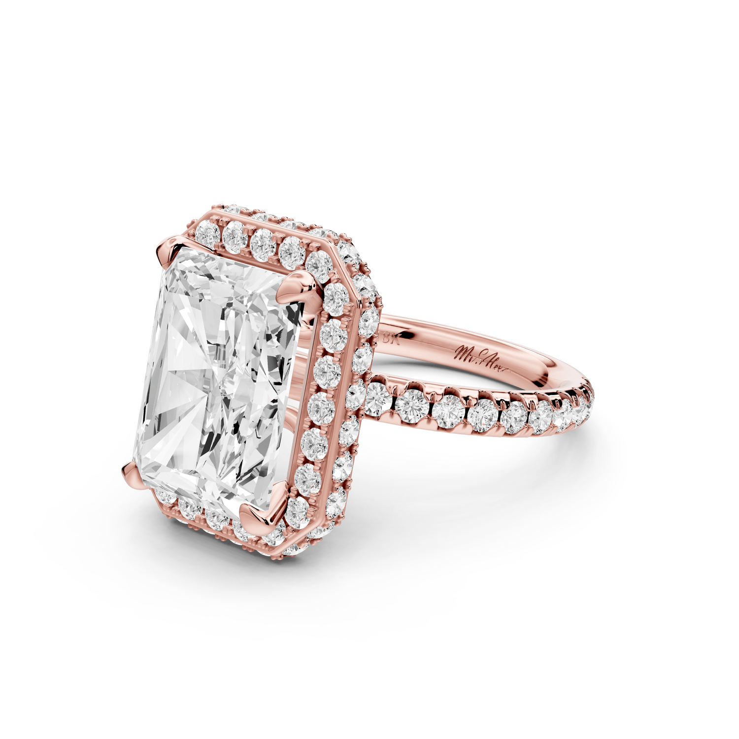 Amelie - 5ct 14k rose gold radiant Diamond with Rollover Halo and Pavé engagement Ring - Mr. Alex Jewelry