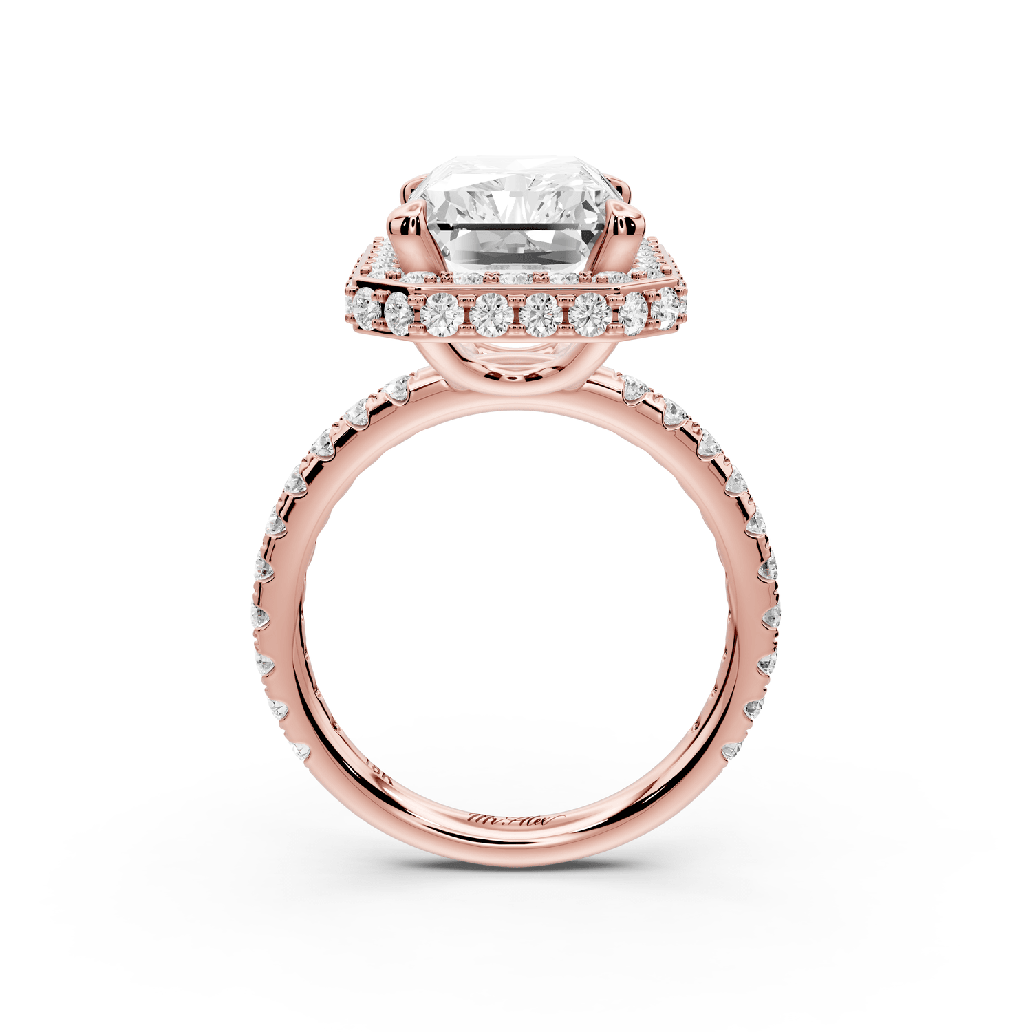 Amelie - 5ct 14k rose gold radiant Diamond with Rollover Halo and Pavé engagement Ring - Mr. Alex Jewelry