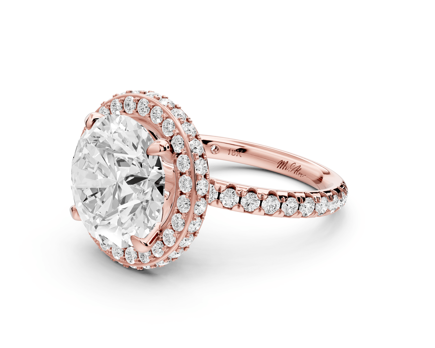 Amelie - 5ct 14k rose gold round Diamond with Rollover Halo and Pavé Engagment Ring - Mr. Alex Jewelry