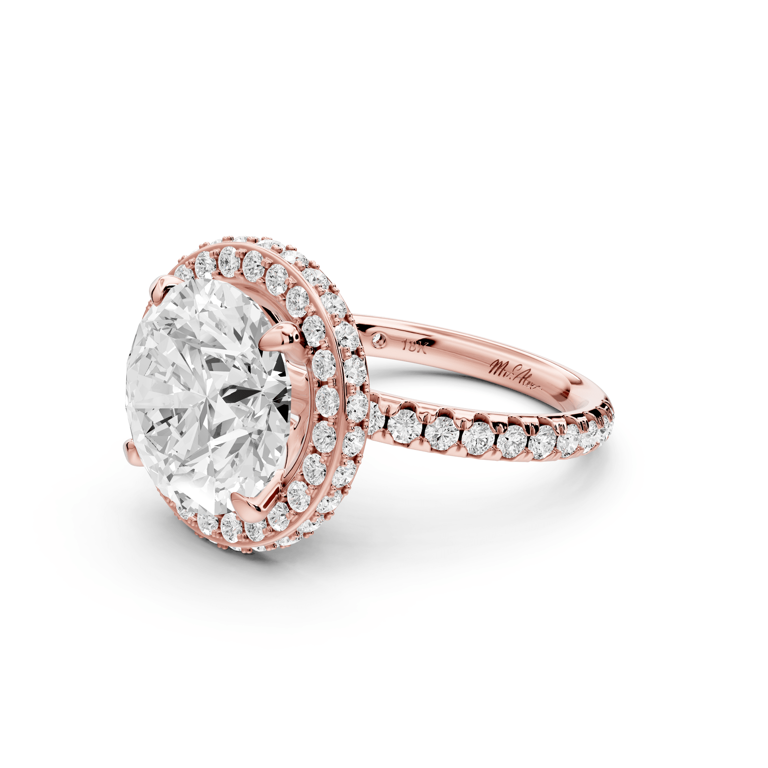 Amelie - 5ct 14k rose gold round Diamond with Rollover Halo and Pavé Engagment Ring - Mr. Alex Jewelry