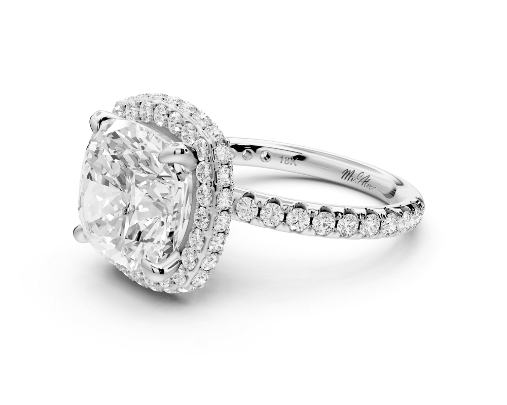 Amelie - 5ct 14k white gold cushion Diamond with Rollover Halo and Pavé engagement Ring - Mr. Alex Jewelry