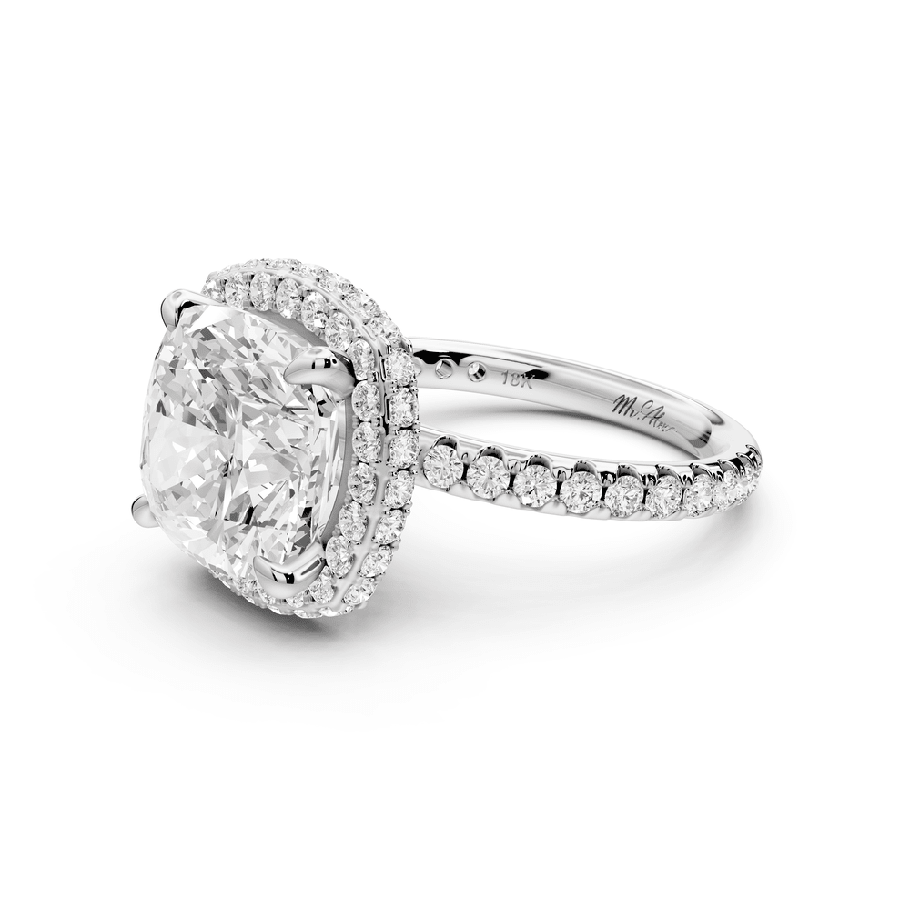 Amelie - 5ct 14k white gold cushion Diamond with Rollover Halo and Pavé engagement Ring - Mr. Alex Jewelry