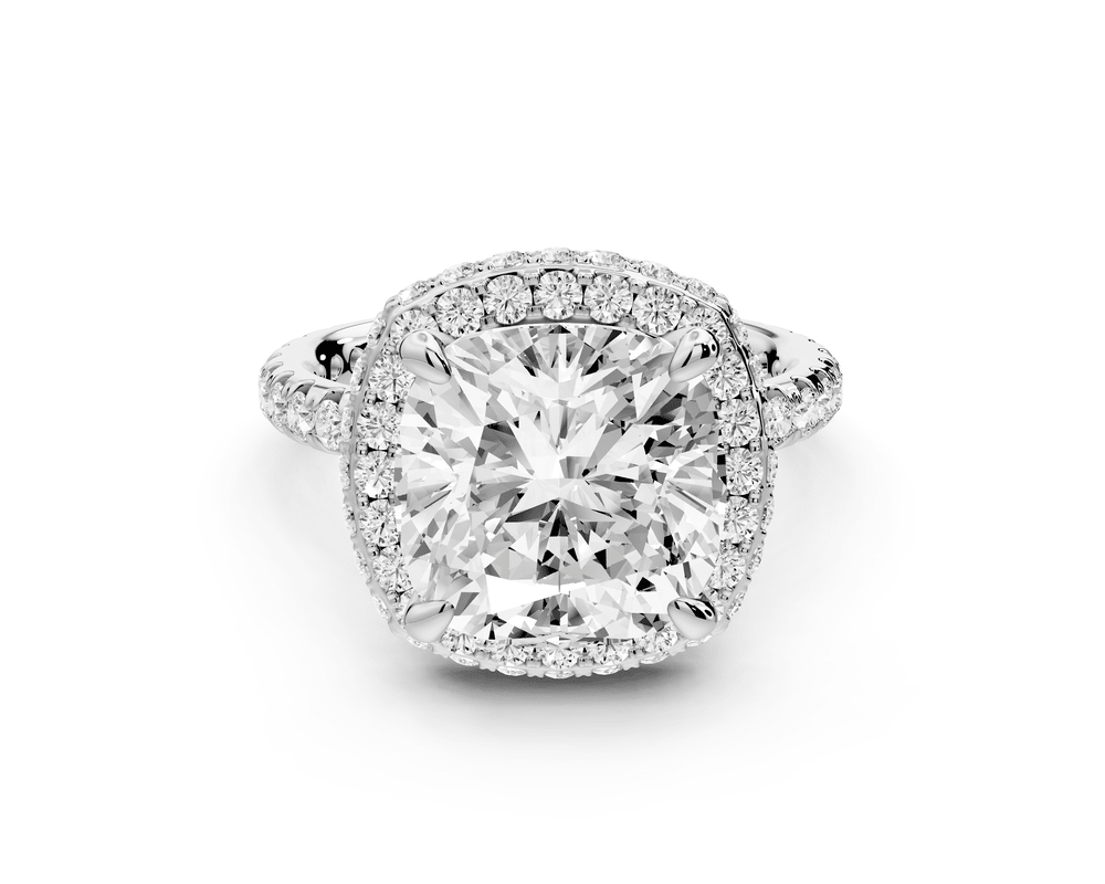 Amelie - 5ct 14k white gold cushion Diamond with Rollover Halo and Pavé engagement Ring - Mr. Alex Jewelry
