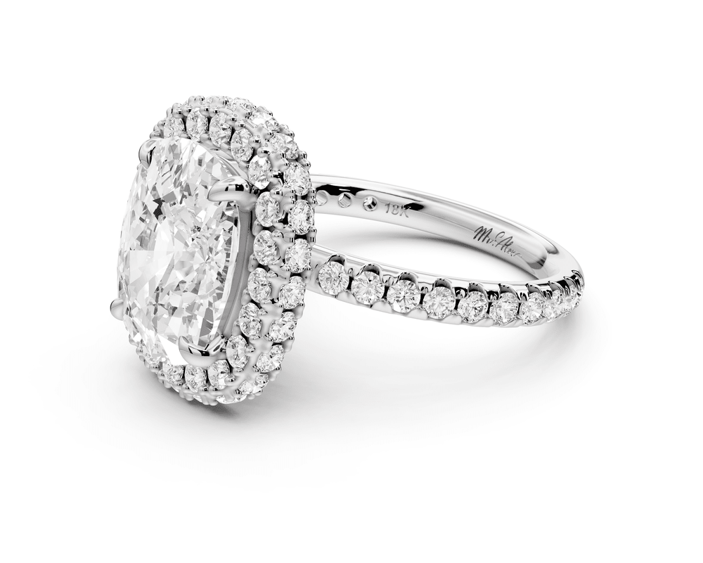 Amelie - 5ct 14k white gold ecushion Diamond with Rollover Halo and Pavé engagement Ring - Mr. Alex Jewelry