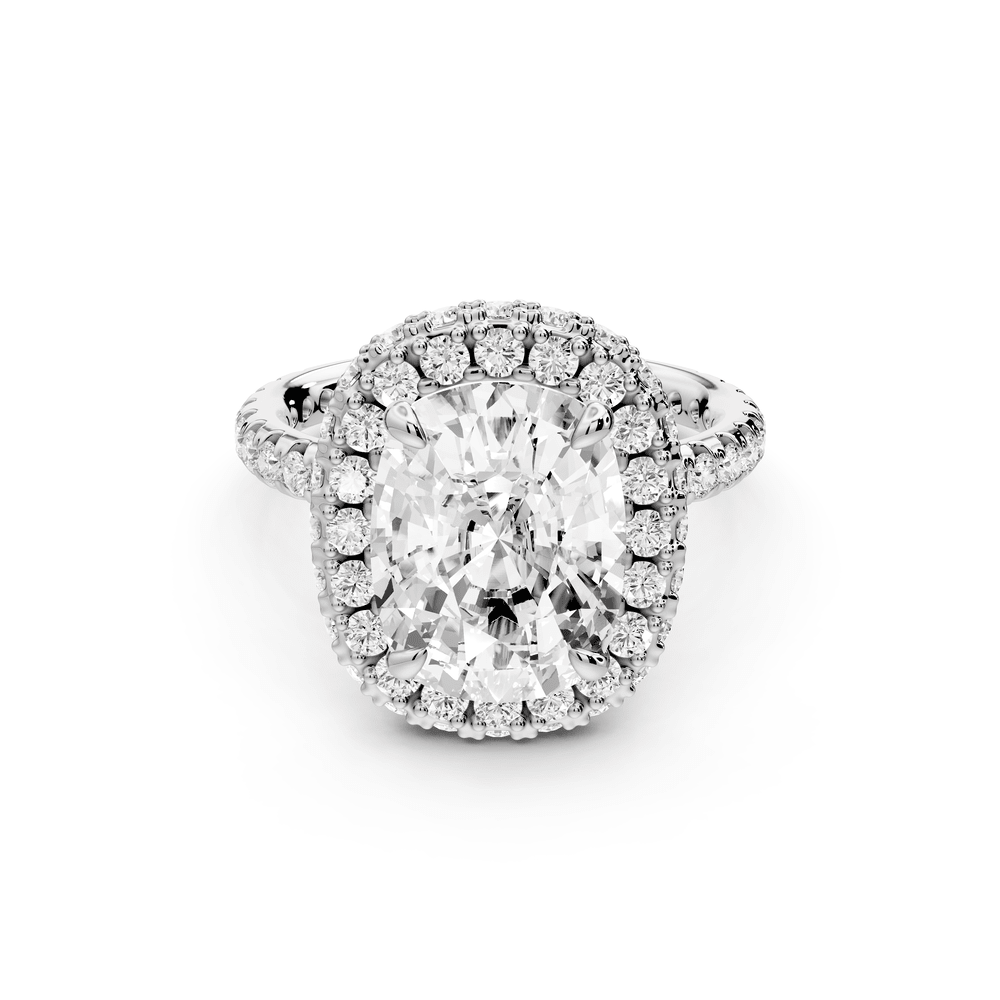 Amelie - 5ct 14k white gold ecushion Diamond with Rollover Halo and Pavé engagement Ring - Mr. Alex Jewelry