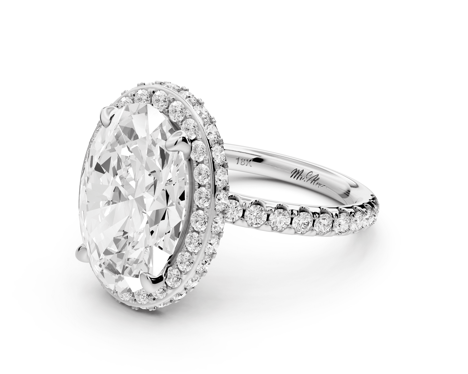 Amelie - 5ct 14k white gold oval Diamond with Rollover Halo and Pavé Engagement Ring - Mr. Alex Jewelry