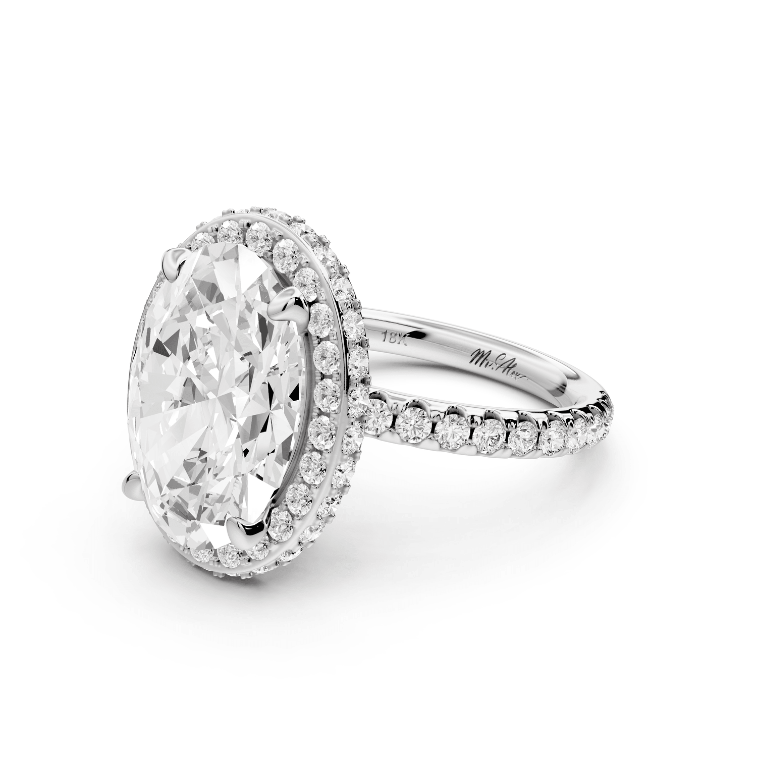 Amelie - 5ct 14k white gold oval Diamond with Rollover Halo and Pavé Engagement Ring - Mr. Alex Jewelry
