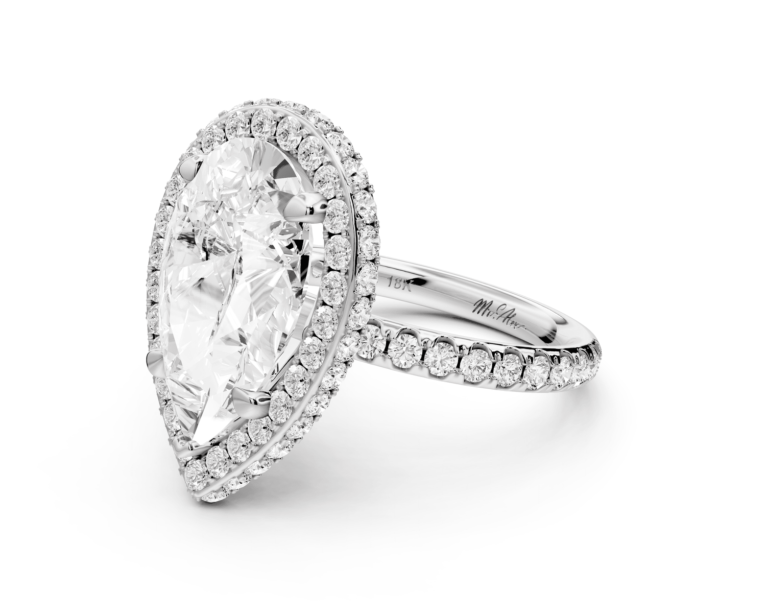 Amelie - 5ct 14k white gold pear Diamond with Rollover Halo and Pavé Engagement Ring - Mr. Alex Jewelry