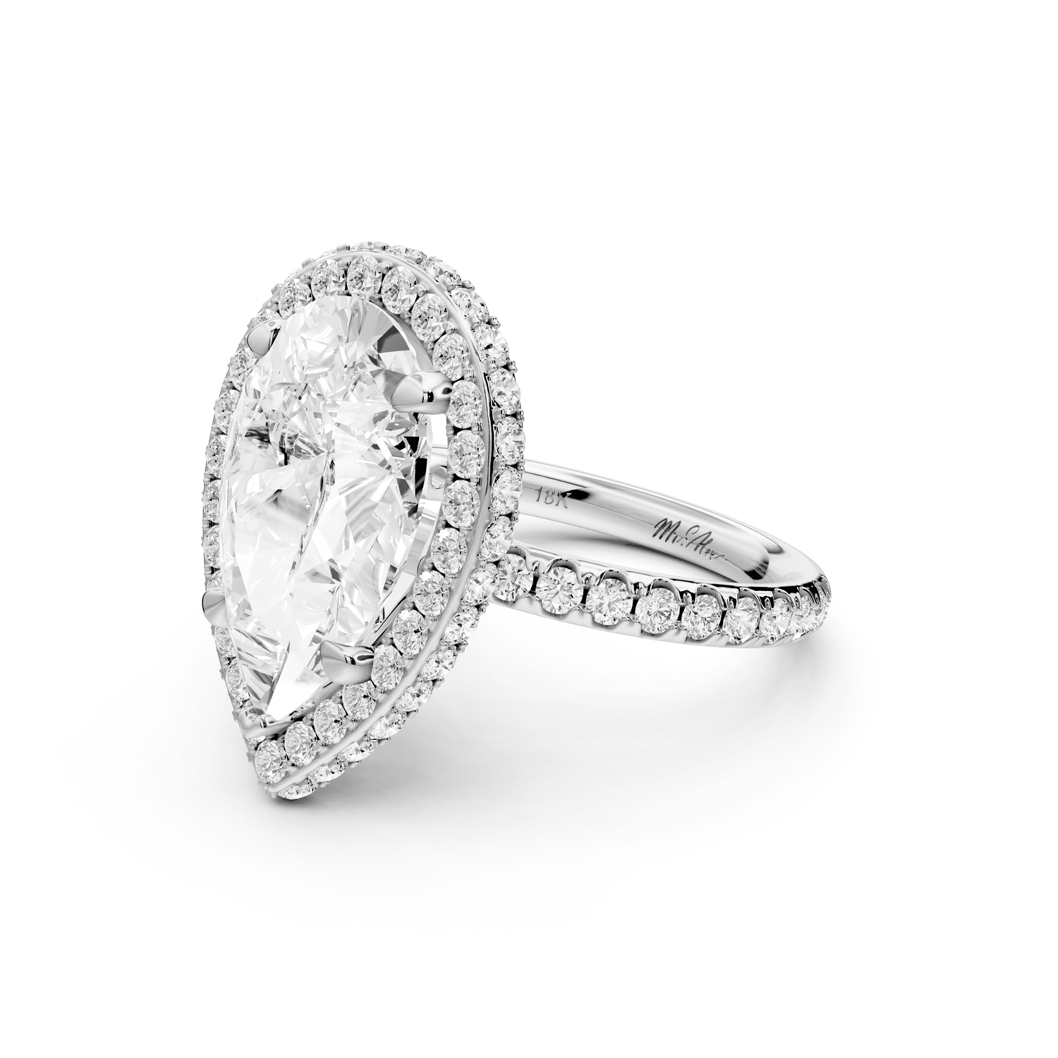 Amelie - 5ct 14k white gold pear Diamond with Rollover Halo and Pavé Engagement Ring - Mr. Alex Jewelry