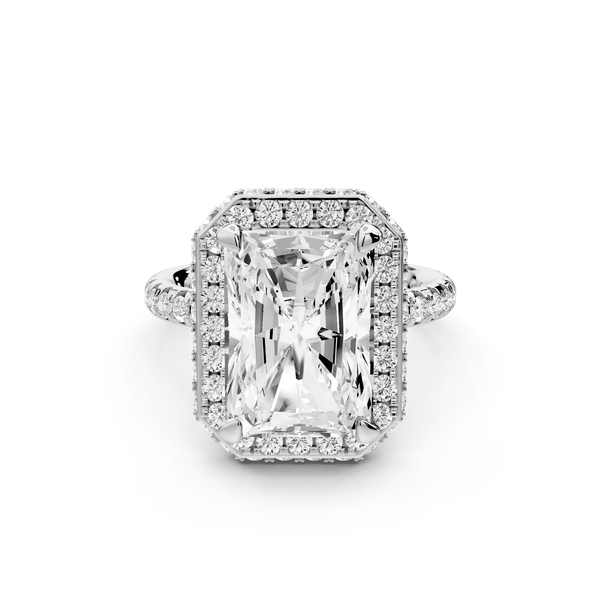 Amelie - 5ct 14k white gold radiant Diamond with Rollover Halo and Pavé engagement Ring - Mr. Alex Jewelry