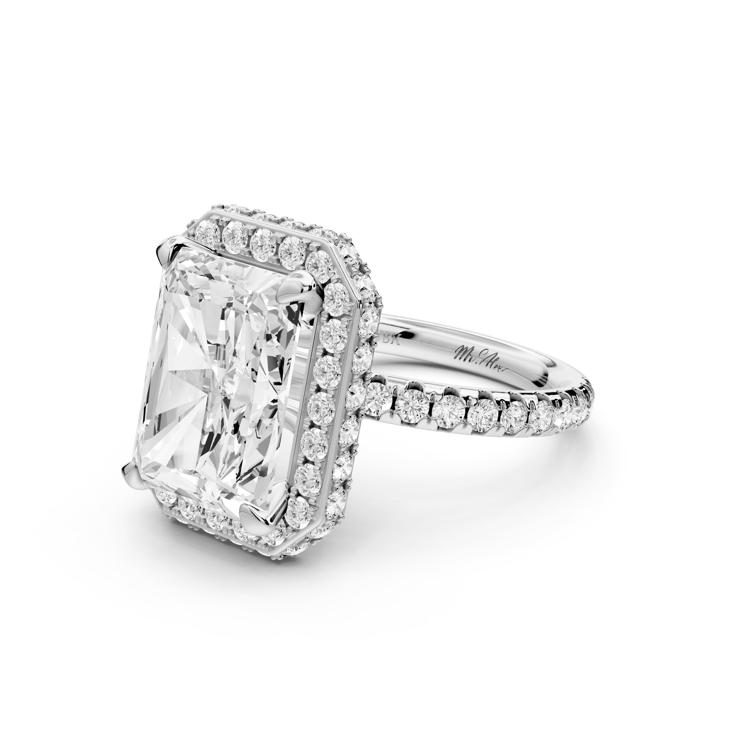 Amelie - 5ct 14k white gold radiant Diamond with Rollover Halo and Pavé engagement Ring - Mr. Alex Jewelry