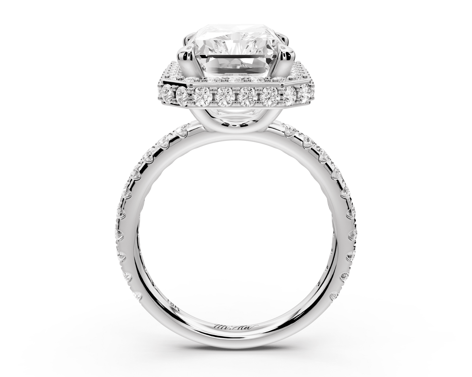 Amelie - 5ct 14k white gold radiant Diamond with Rollover Halo and Pavé engagement Ring - Mr. Alex Jewelry
