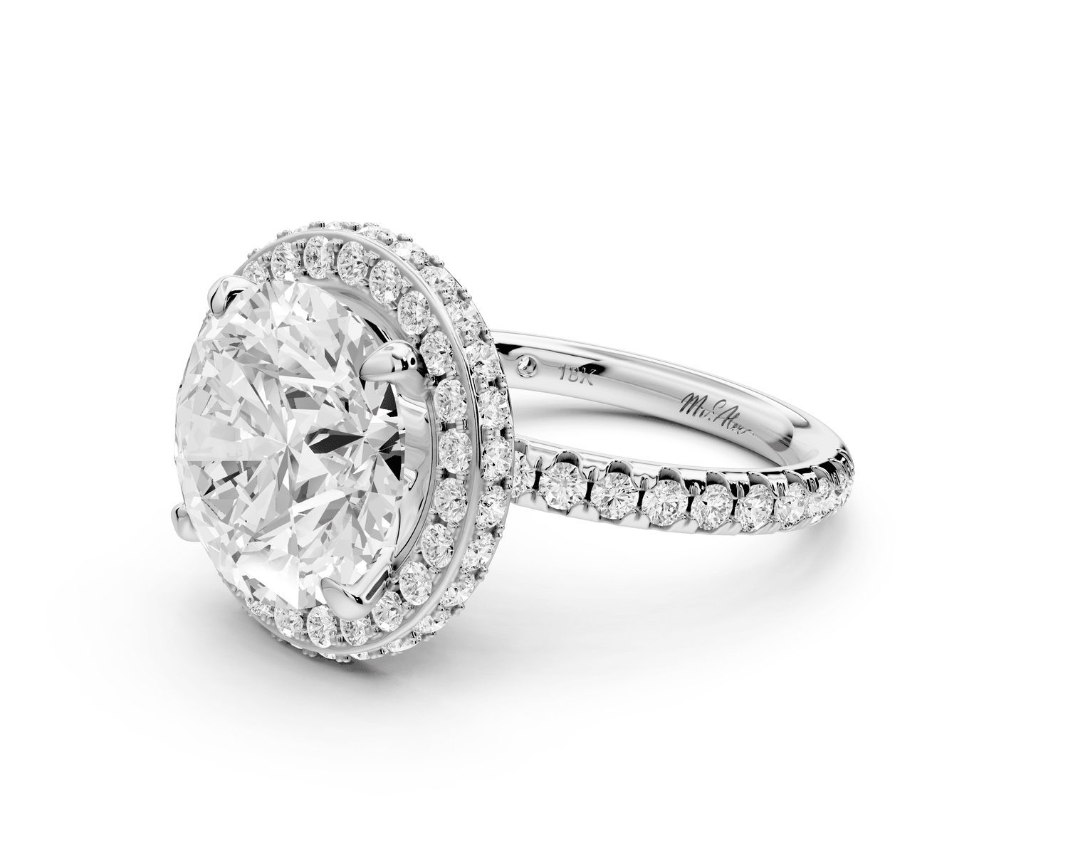 Amelie - 5ct 14k white gold round Diamond with Rollover Halo and Pavé Engagment Ring - Mr. Alex Jewelry