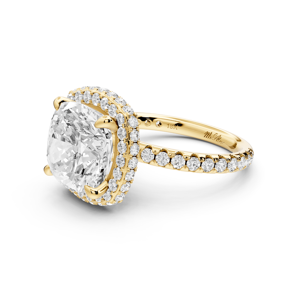 Amelie - 5ct 14k yellow gold cushion Diamond with Rollover Halo and Pavé engagement Ring - Mr. Alex Jewelry