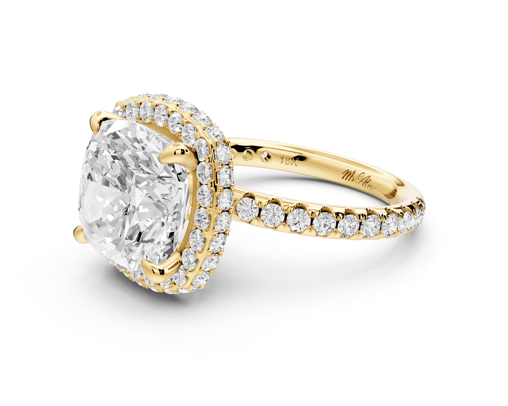 Amelie - 5ct 14k yellow gold cushion Diamond with Rollover Halo and Pavé engagement Ring - Mr. Alex Jewelry