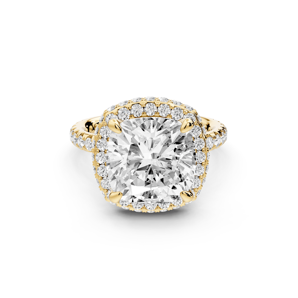 Amelie - 5ct 14k yellow gold cushion Diamond with Rollover Halo and Pavé engagement Ring - Mr. Alex Jewelry