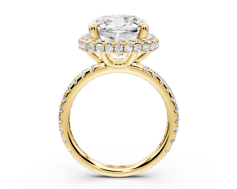 Amelie - 5ct 14k yellow gold cushion Diamond with Rollover Halo and Pavé engagement Ring - Mr. Alex Jewelry