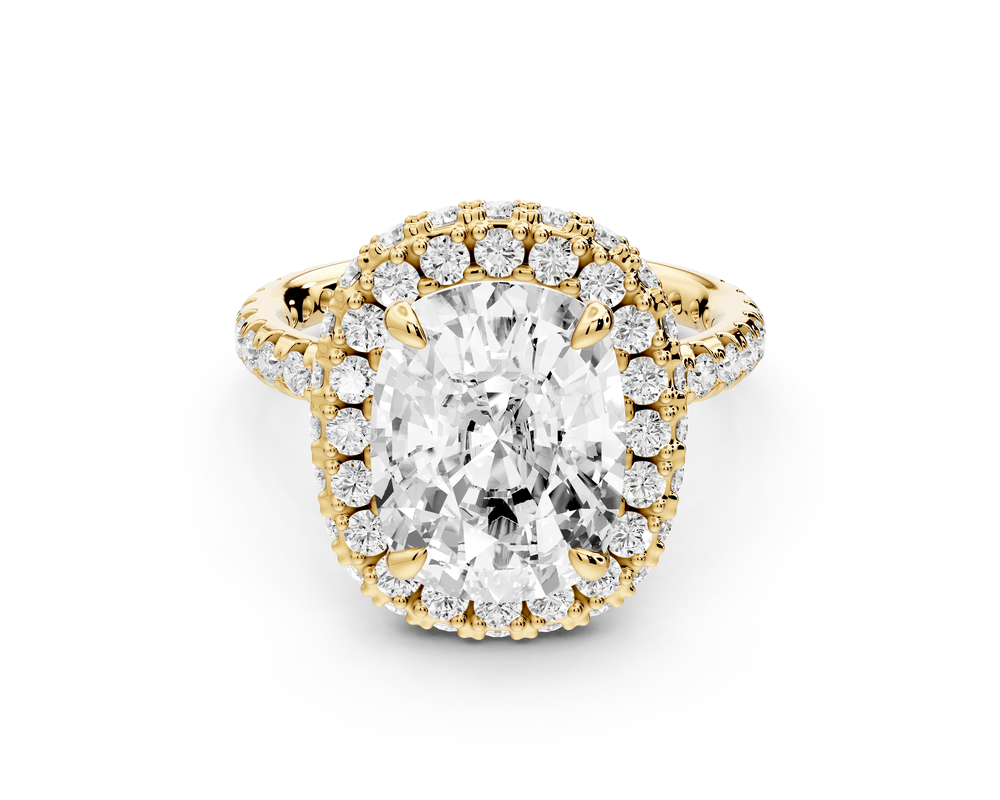 Amelie - 5ct 14k yellow gold ecushion Diamond with Rollover Halo and Pavé engagement Ring - Mr. Alex Jewelry