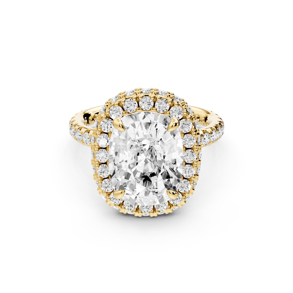 Amelie - 5ct 14k yellow gold ecushion Diamond with Rollover Halo and Pavé engagement Ring - Mr. Alex Jewelry