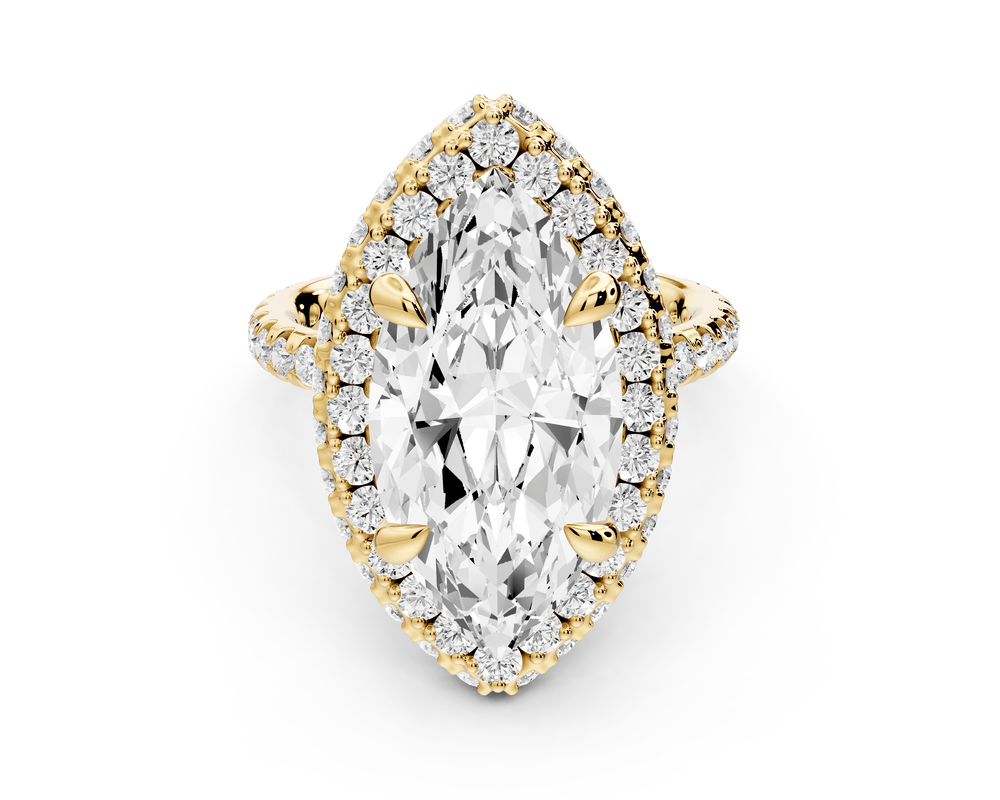 Amelie - 5ct 14k yellow gold marquise Diamond with Rollover Halo and Pavé engagement Ring - Mr. Alex Jewelry