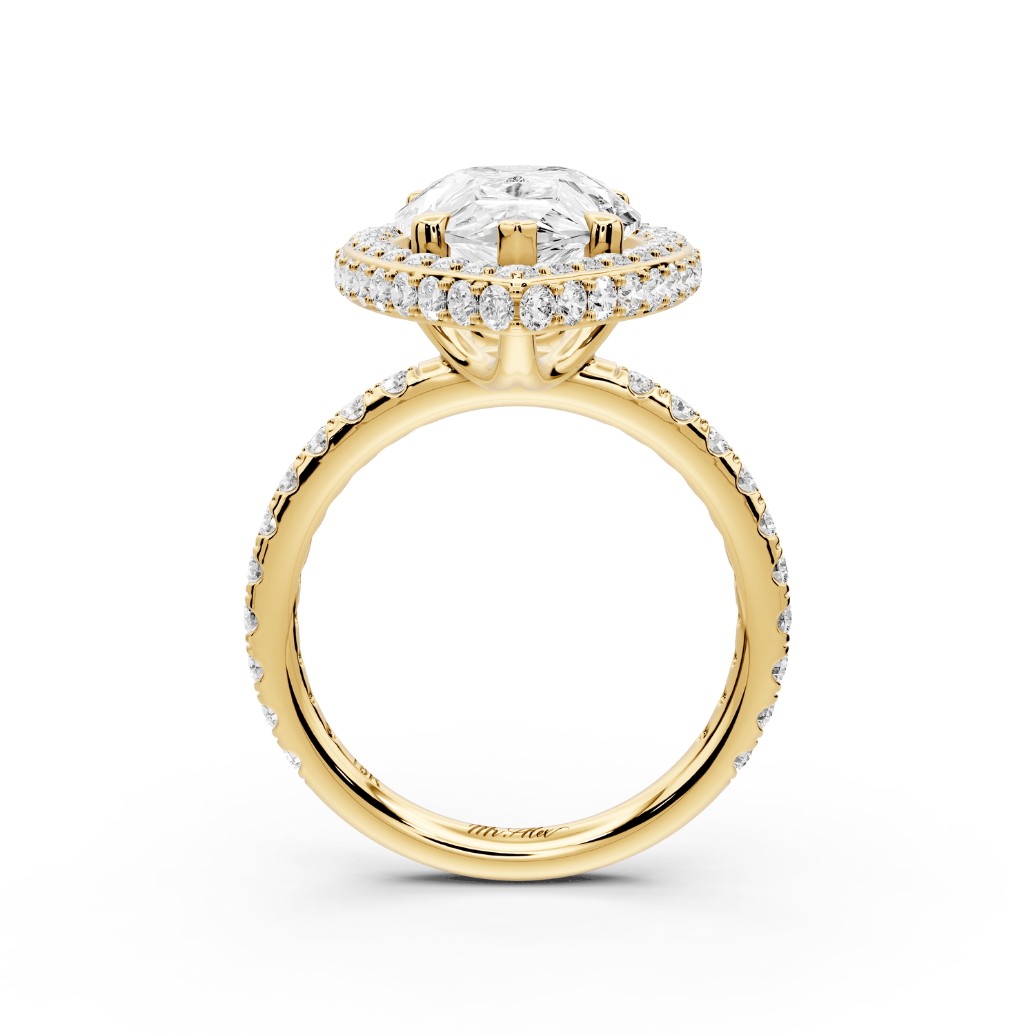 Amelie - 5ct 14k yellow gold pear Diamond with Rollover Halo and Pavé Engagement Ring - Mr. Alex Jewelry