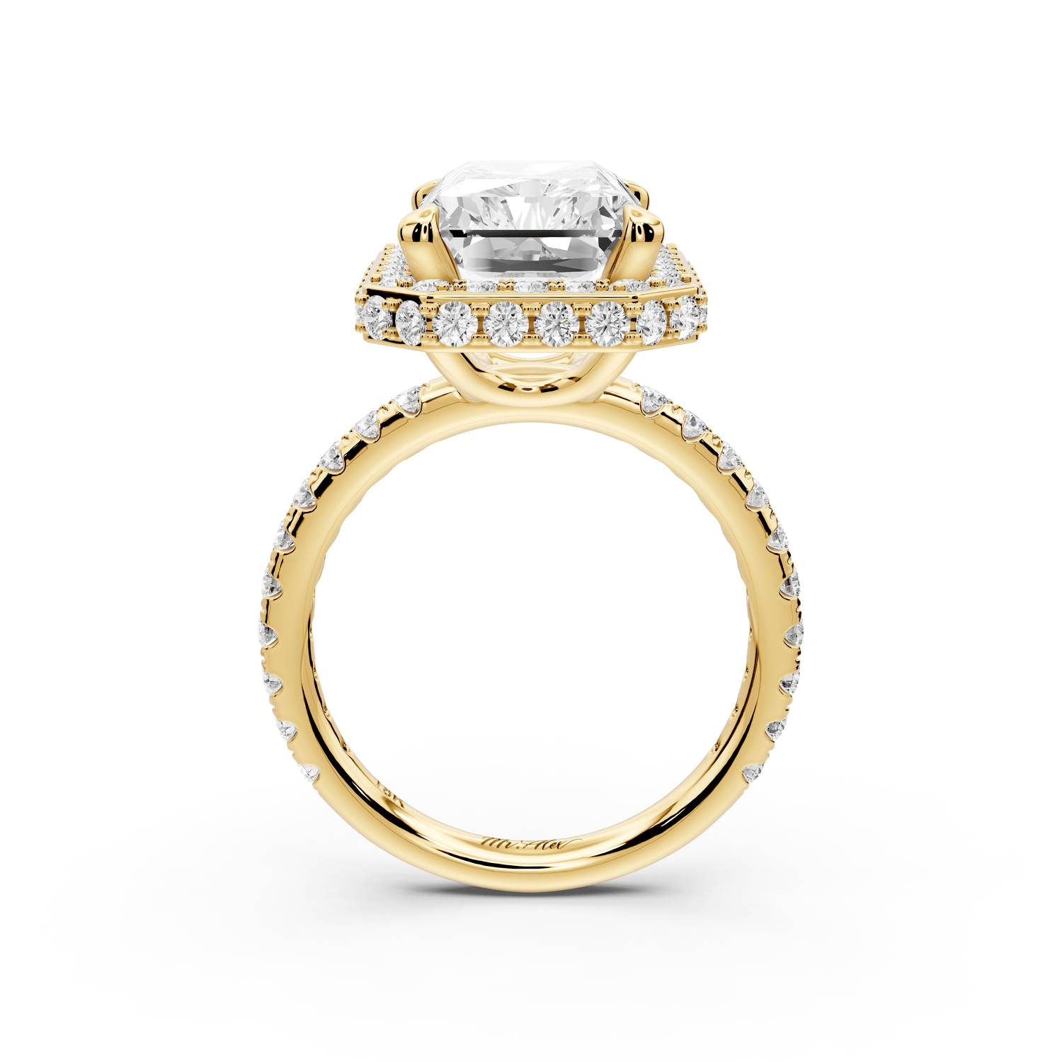 Amelie - 5ct 14k yellow gold radiant Diamond with Rollover Halo and Pavé engagement Ring - Mr. Alex Jewelry