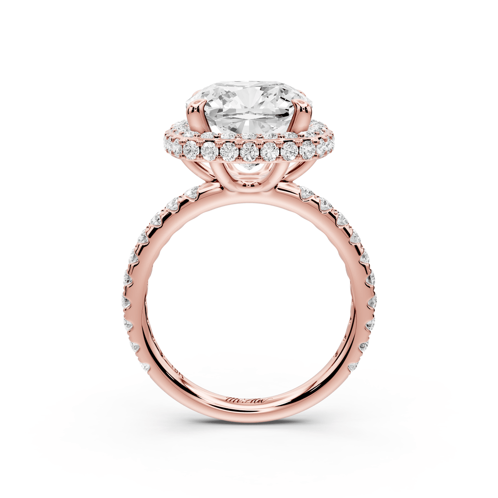 Amelie - 5ct 18k rose gold cushion Diamond with Rollover Halo and Pavé engagement Ring - Mr. Alex Jewelry