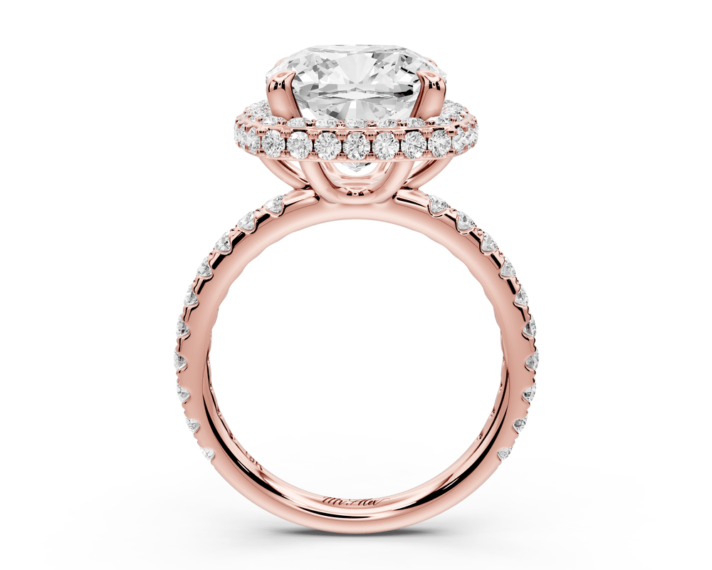 Amelie - 5ct 18k rose gold cushion Diamond with Rollover Halo and Pavé engagement Ring - Mr. Alex Jewelry