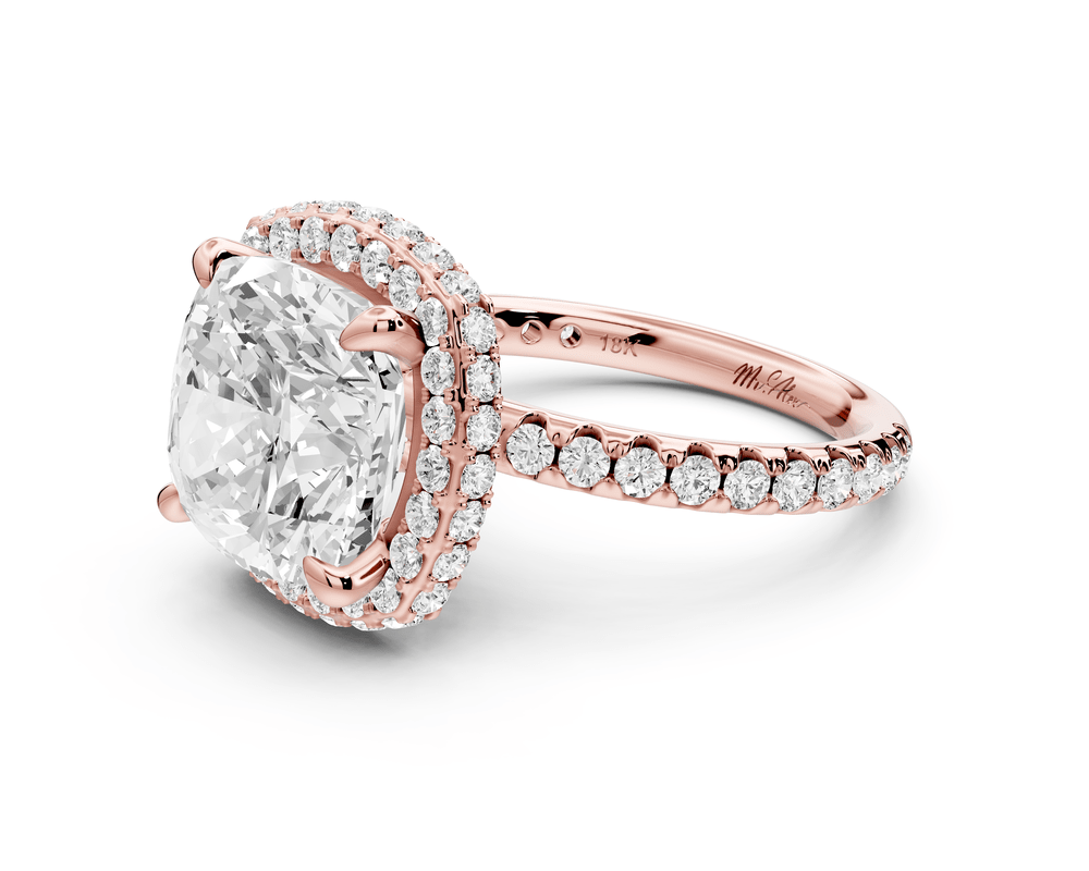 Amelie - 5ct 18k rose gold cushion Diamond with Rollover Halo and Pavé engagement Ring - Mr. Alex Jewelry