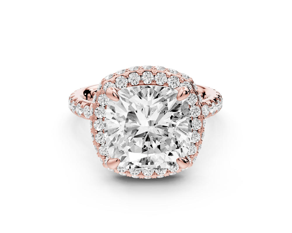 Amelie - 5ct 18k rose gold cushion Diamond with Rollover Halo and Pavé engagement Ring - Mr. Alex Jewelry