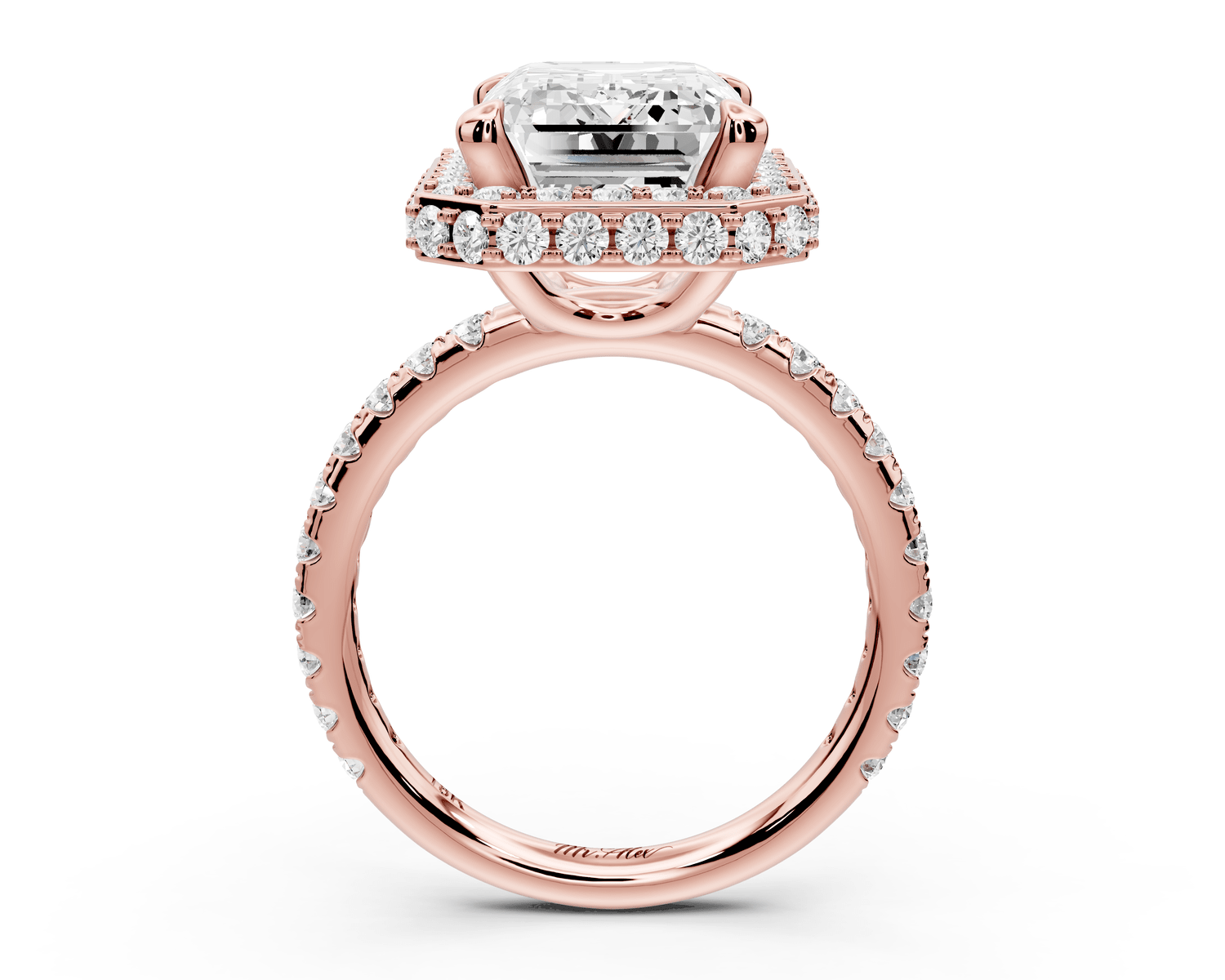 Amelie - 5ct 18k rose gold emerald Diamond with Rollover Halo and Pavé Engagement Ring - Mr. Alex Jewelry