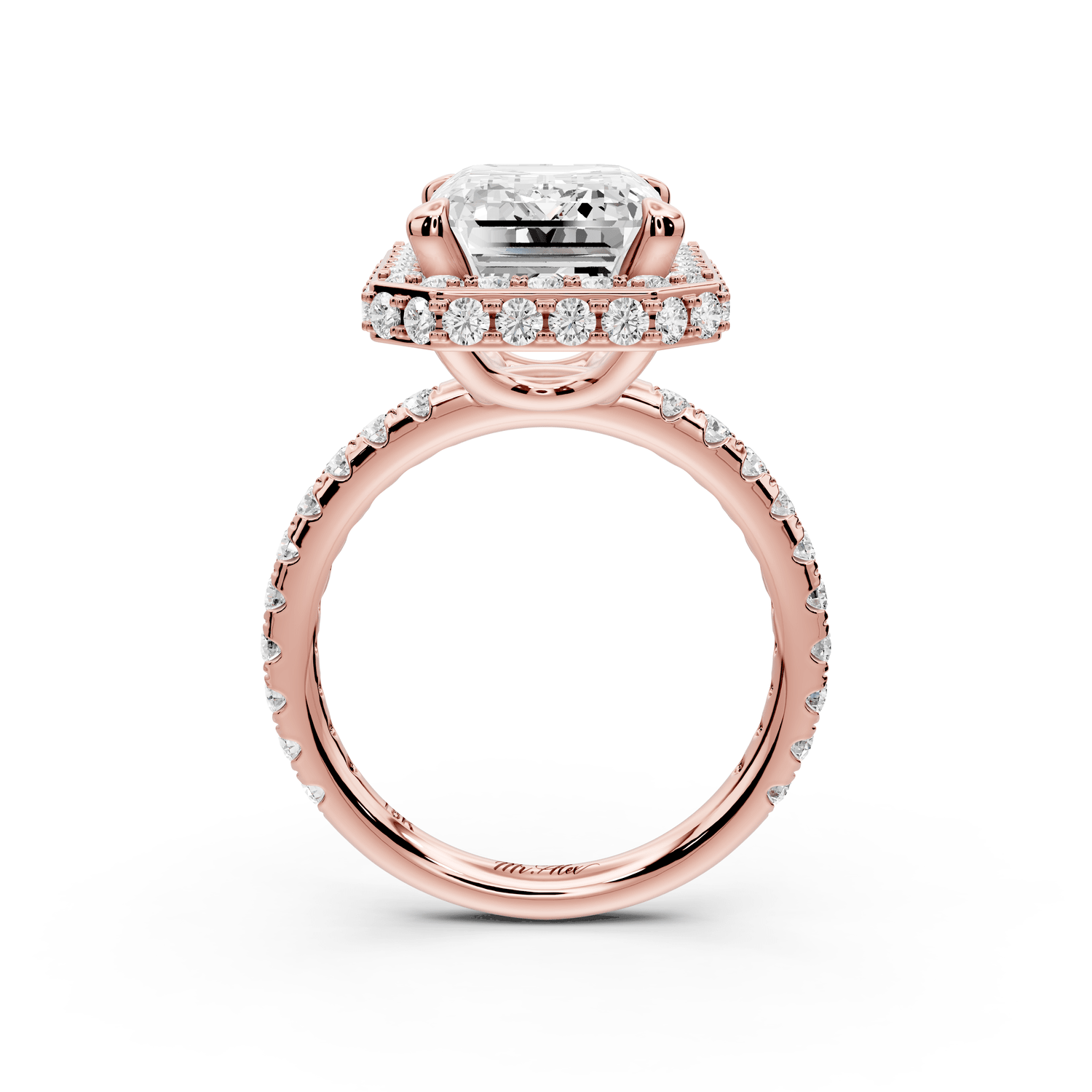 Amelie - 5ct 18k rose gold emerald Diamond with Rollover Halo and Pavé Engagement Ring - Mr. Alex Jewelry