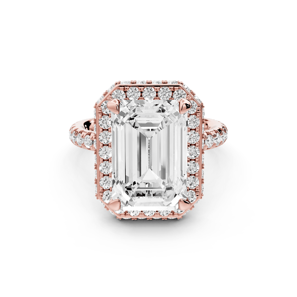 Amelie - 5ct 18k rose gold emerald Diamond with Rollover Halo and Pavé Engagement Ring - Mr. Alex Jewelry