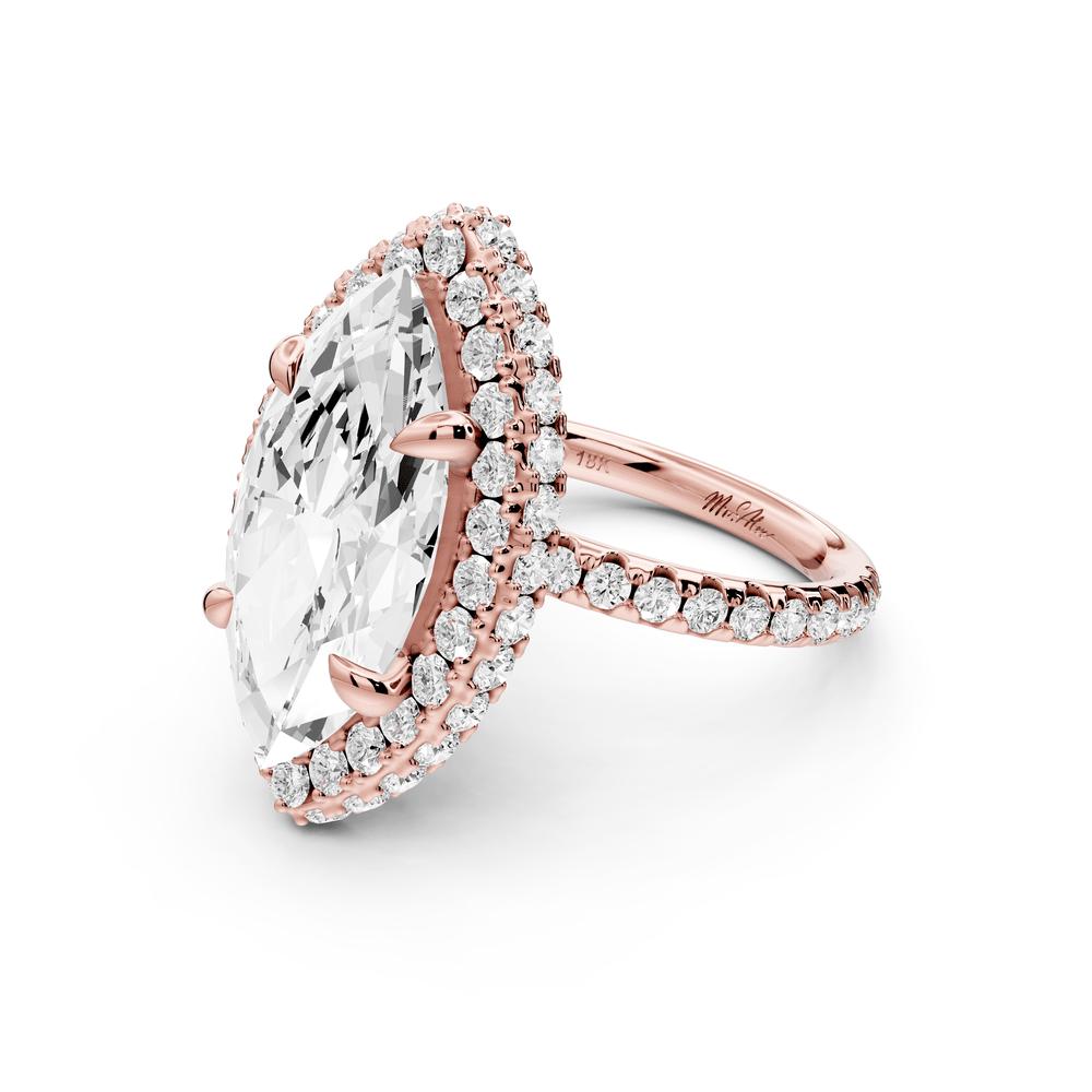 Amelie - 5ct 18k rose gold marquise Diamond with Rollover Halo and Pavé engagement Ring - Mr. Alex Jewelry