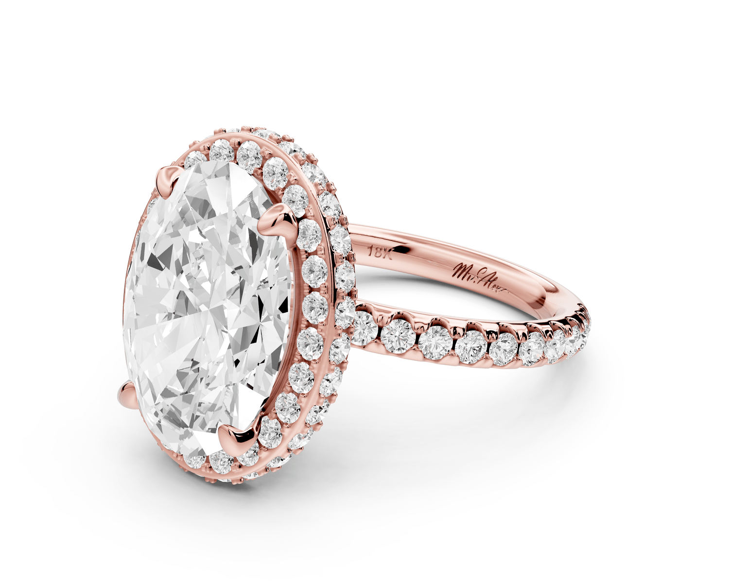 Amelie - 5ct 18k rose gold oval Diamond with Rollover Halo and Pavé Engagement Ring - Mr. Alex Jewelry