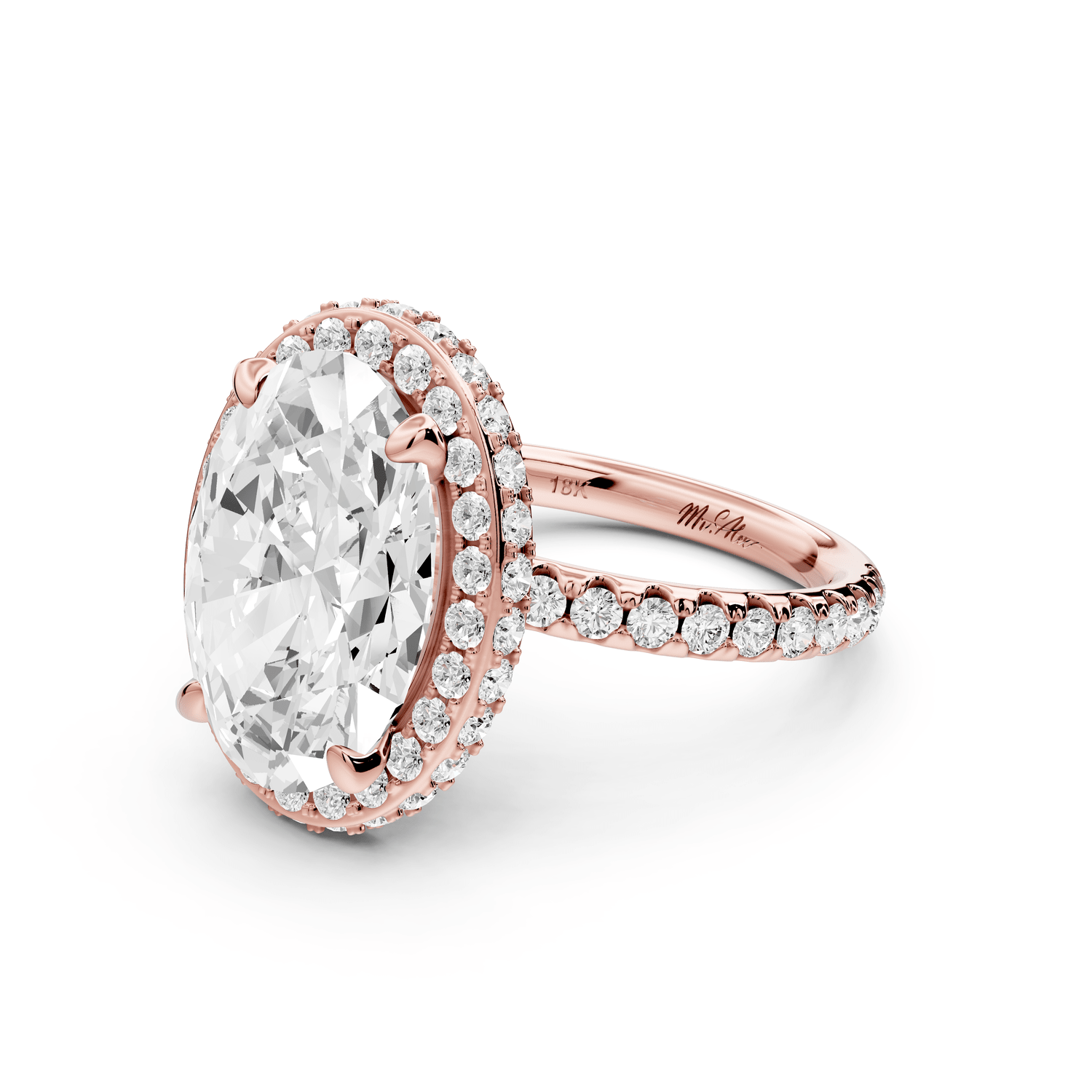 Amelie - 5ct 18k rose gold oval Diamond with Rollover Halo and Pavé Engagement Ring - Mr. Alex Jewelry