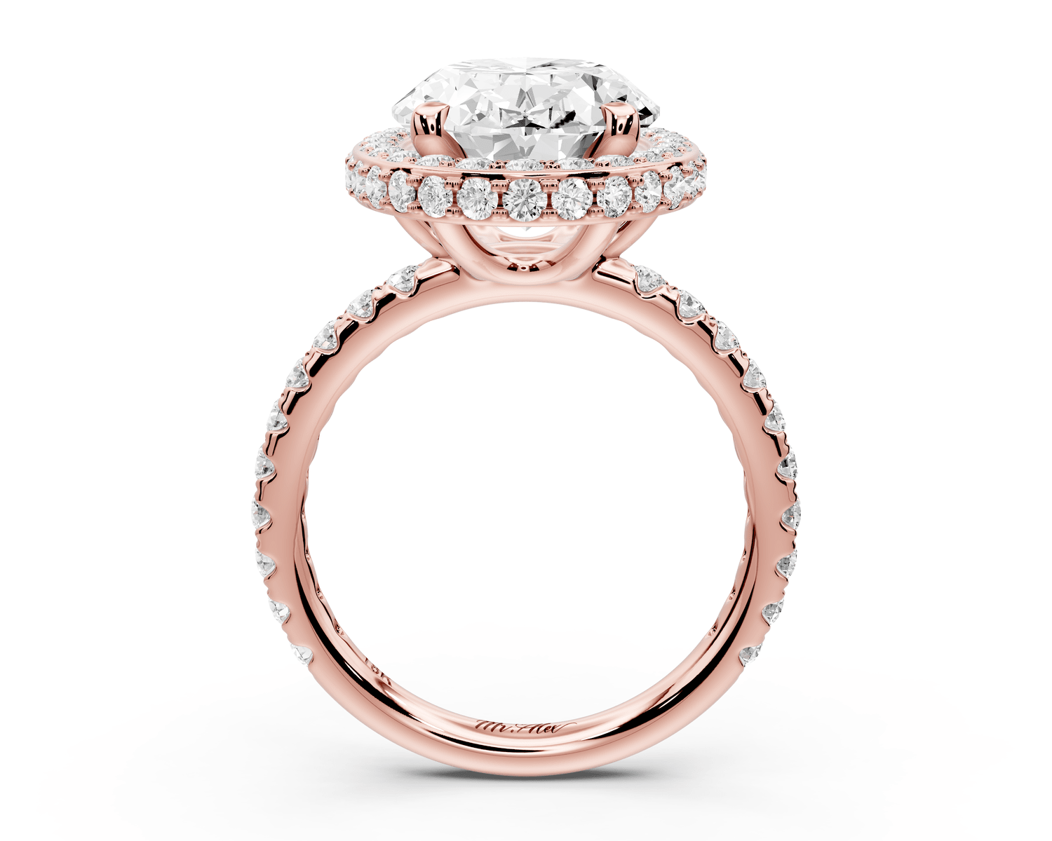 Amelie - 5ct 18k rose gold oval Diamond with Rollover Halo and Pavé Engagement Ring - Mr. Alex Jewelry