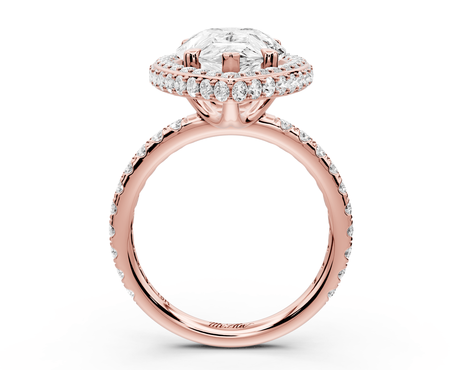 Amelie - 5ct 18k rose gold pear Diamond with Rollover Halo and Pavé Engagement Ring - Mr. Alex Jewelry