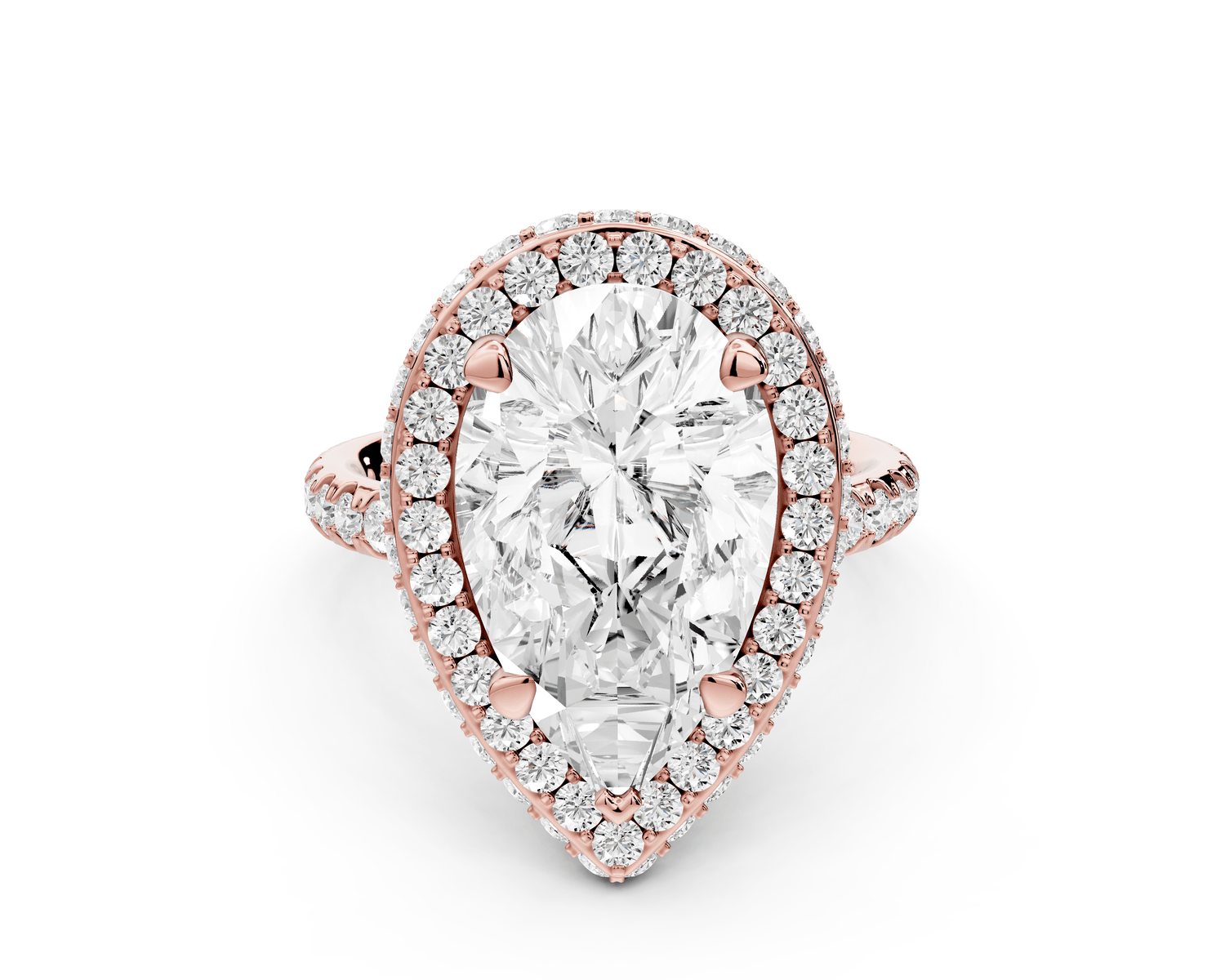 Amelie - 5ct 18k rose gold pear Diamond with Rollover Halo and Pavé Engagement Ring - Mr. Alex Jewelry