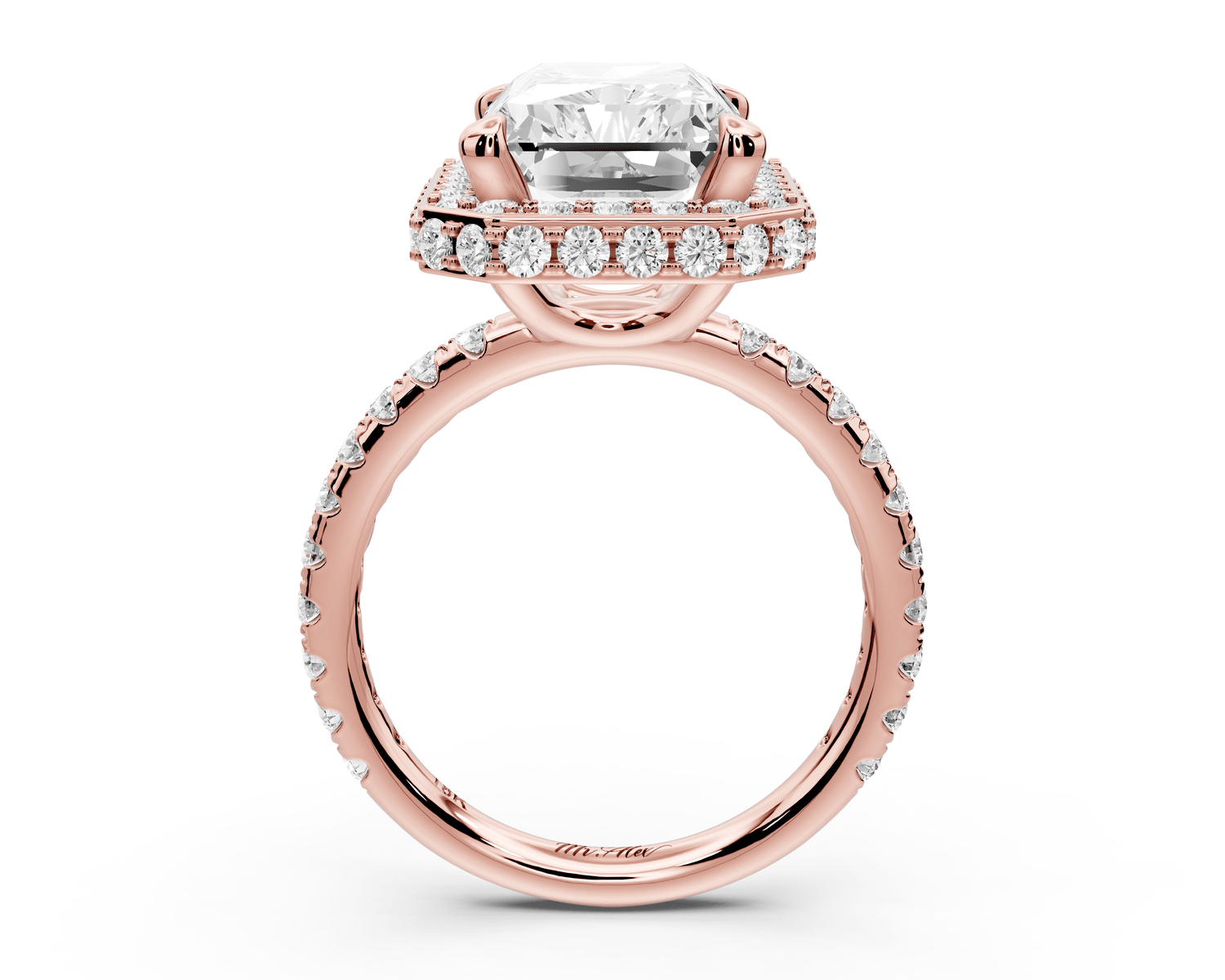 Amelie - 5ct 18k rose gold radiant Diamond with Rollover Halo and Pavé engagement Ring - Mr. Alex Jewelry