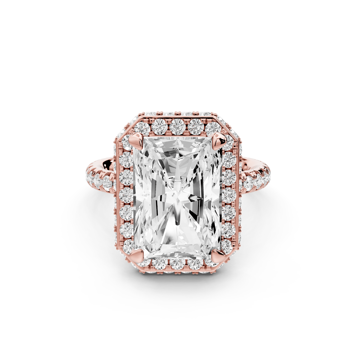 Amelie - 5ct 18k rose gold radiant Diamond with Rollover Halo and Pavé engagement Ring - Mr. Alex Jewelry