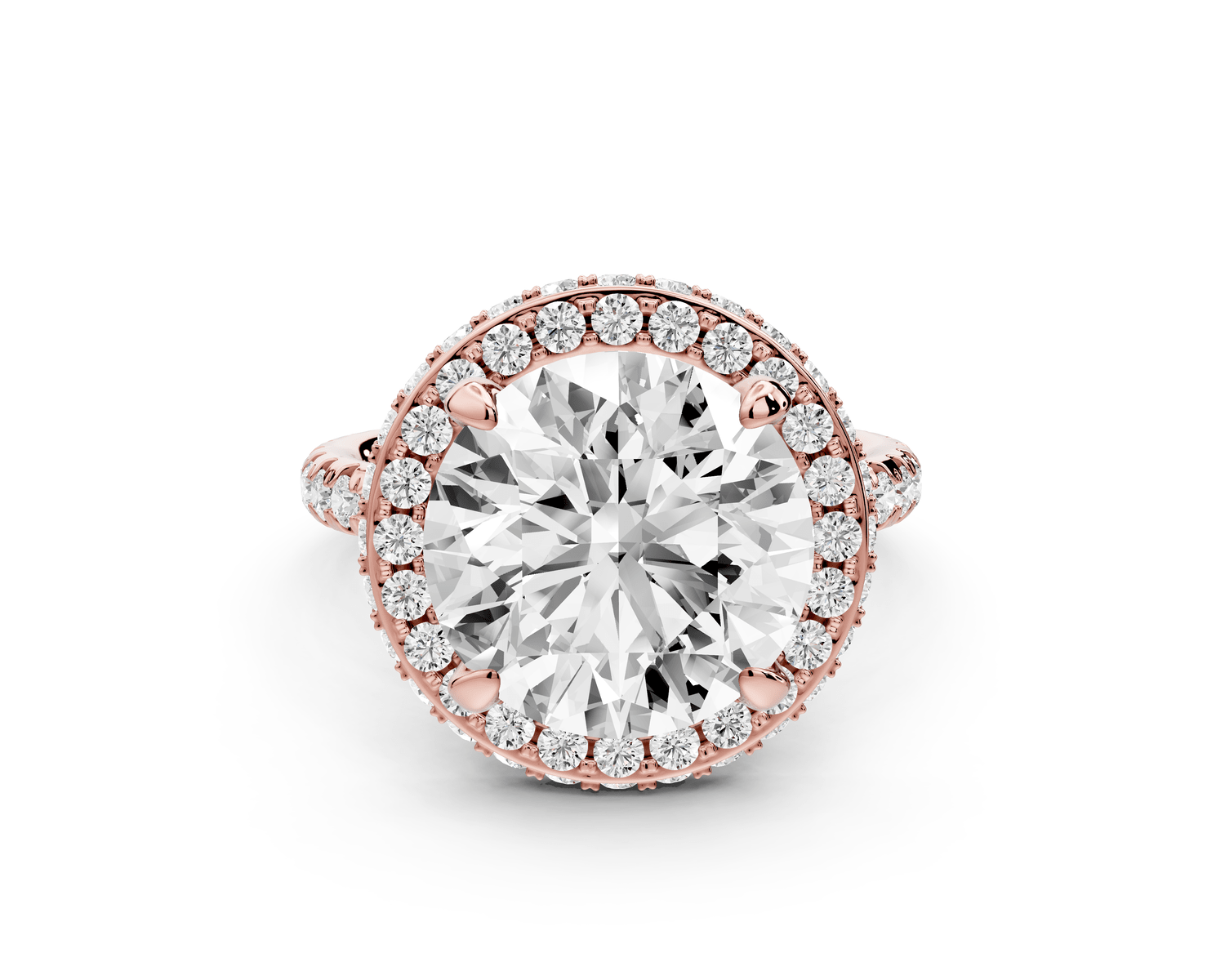 Amelie - 5ct 18k rose gold round Diamond with Rollover Halo and Pavé Engagment Ring - Mr. Alex Jewelry