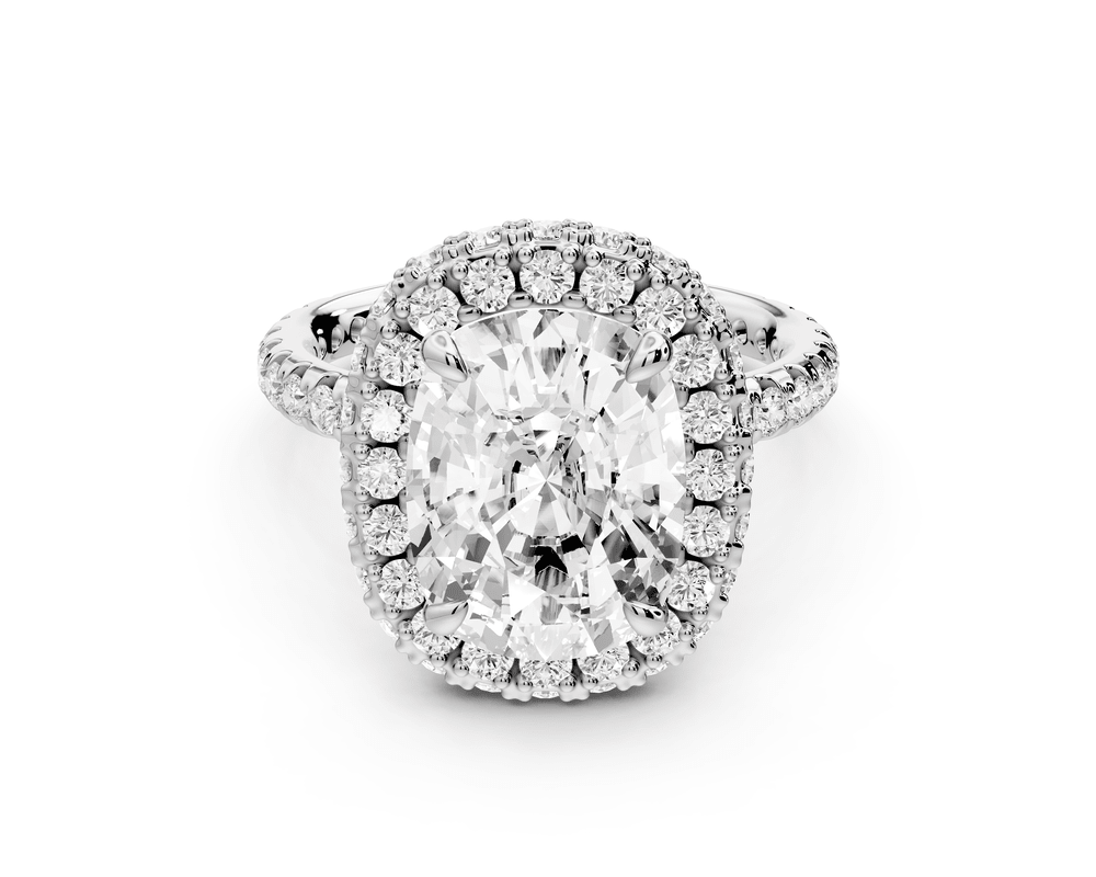 Amelie - 5ct 18k white gold ecushion Diamond with Rollover Halo and Pavé engagement Ring - Mr. Alex Jewelry