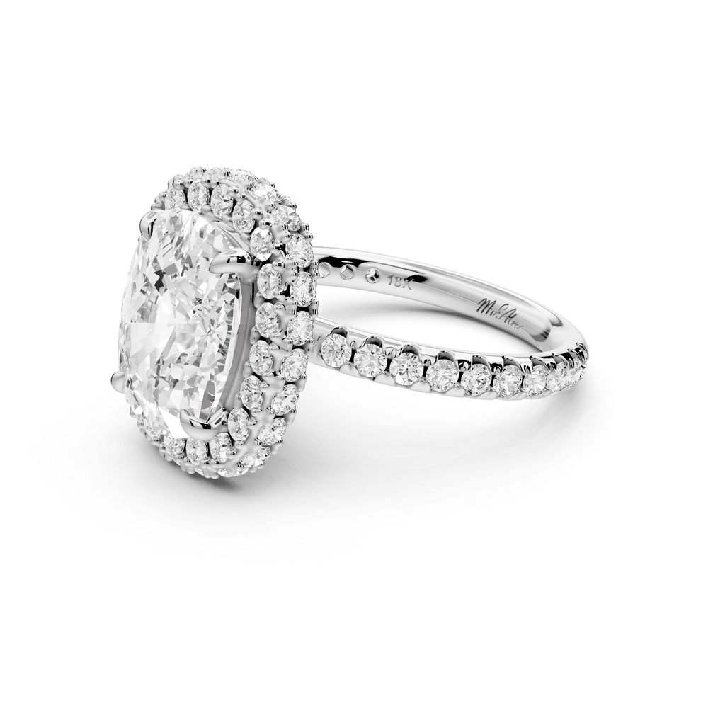 Amelie - 5ct 18k white gold ecushion Diamond with Rollover Halo and Pavé engagement Ring - Mr. Alex Jewelry
