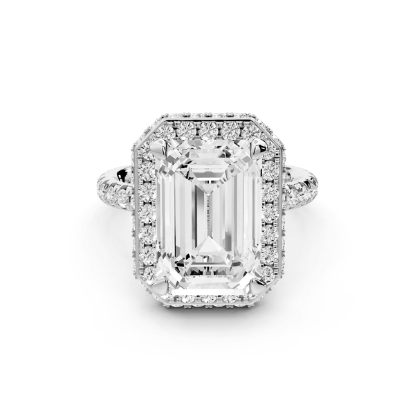 Amelie - 5ct 18k white gold emerald Diamond with Rollover Halo and Pavé Engagement Ring - Mr. Alex Jewelry