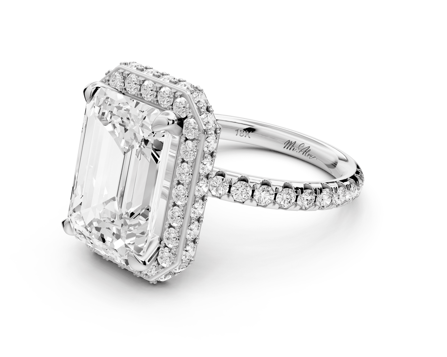 Amelie - 5ct 18k white gold emerald Diamond with Rollover Halo and Pavé Engagement Ring - Mr. Alex Jewelry