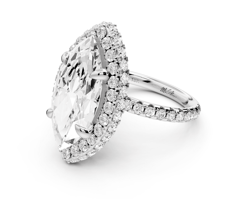 Amelie - 5ct 18k white gold marquise Diamond with Rollover Halo and Pavé engagement Ring - Mr. Alex Jewelry