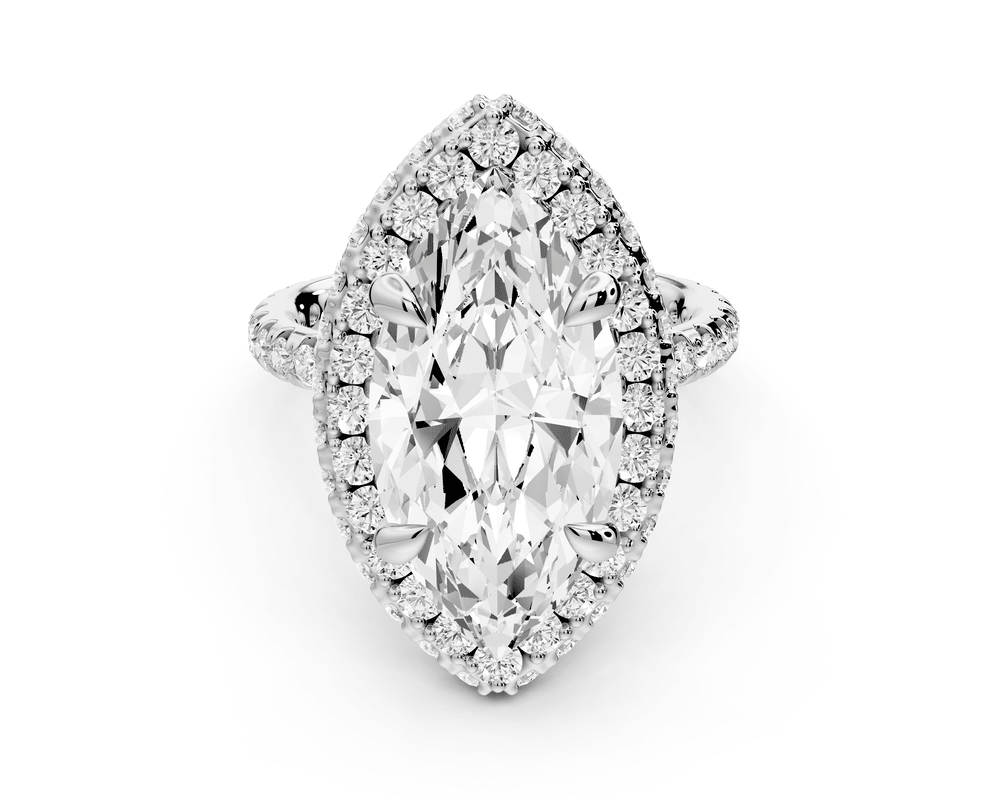 Amelie - 5ct 18k white gold marquise Diamond with Rollover Halo and Pavé engagement Ring - Mr. Alex Jewelry