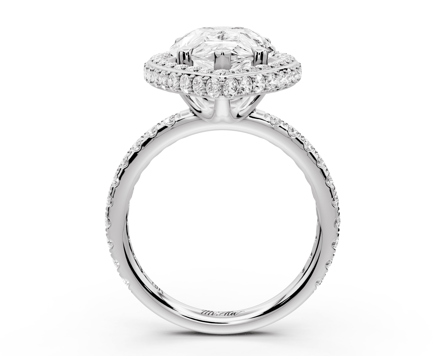 Amelie - 5ct 18k white gold pear Diamond with Rollover Halo and Pavé Engagement Ring - Mr. Alex Jewelry