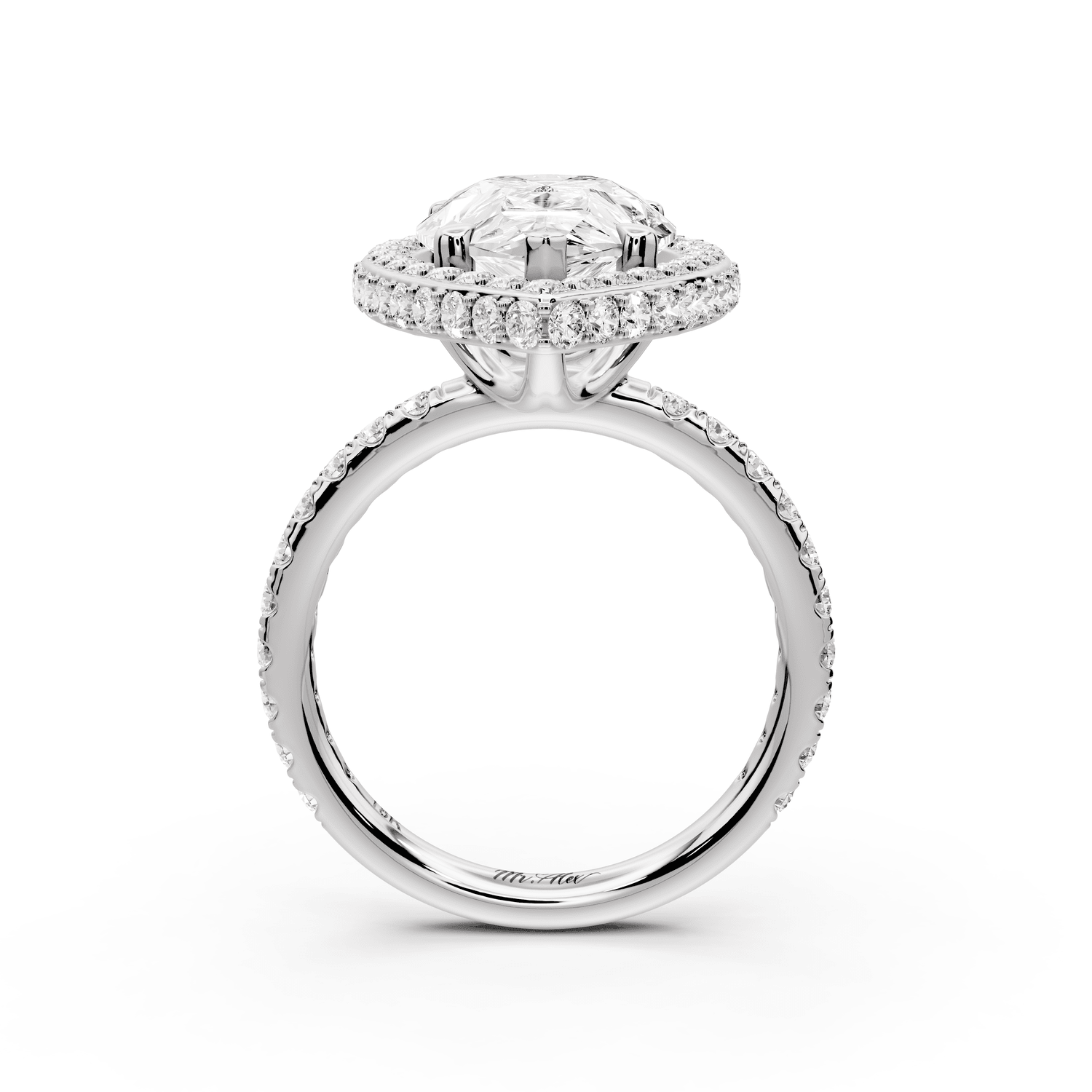 Amelie - 5ct 18k white gold pear Diamond with Rollover Halo and Pavé Engagement Ring - Mr. Alex Jewelry